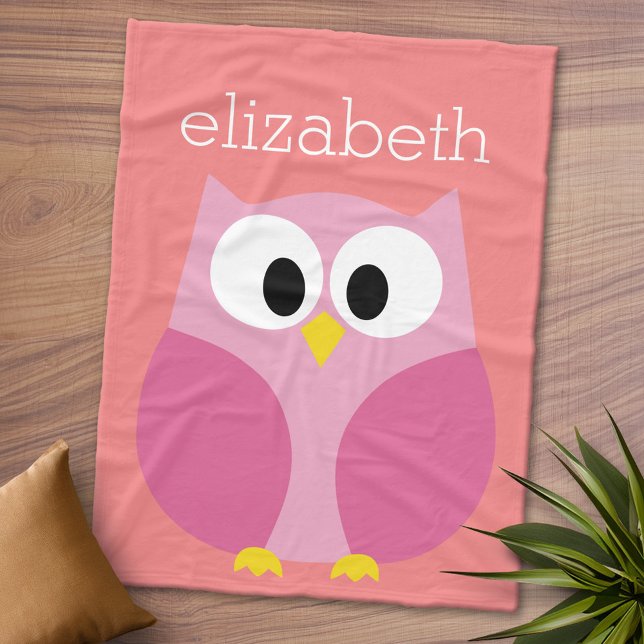 Cute Tecknad Uggla i Rosa och koral Fleecefilt (Personalized Fleece Blanket - Add Photos and Text or Customize completely in advanced design area)