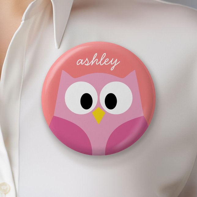 Cute Tecknad Uggla i Rosa och koral Knapp (Custom Button)