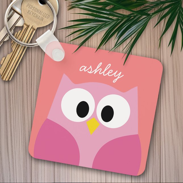 Cute Tecknad Uggla i Rosa och koral Nyckelring (Personalized keychain - add name)