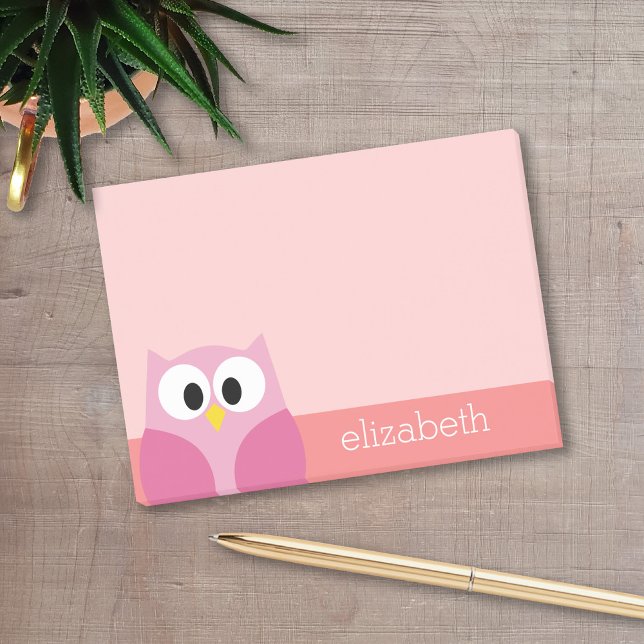 Cute Tecknad Uggla i Rosa och koral Post-it Block (A cute owl cartoon with a place to add your name.)