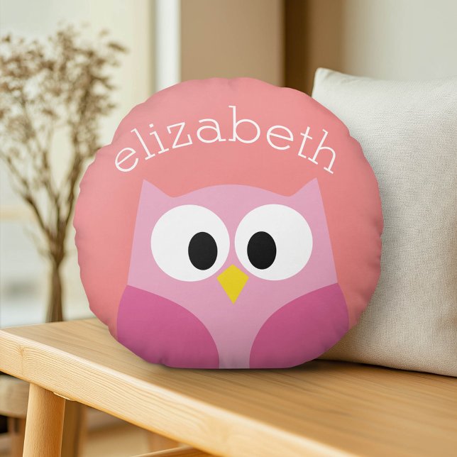 Cute Tecknad Uggla i Rosa och koral Rund Kudde (Custom Monogram Pillow)