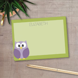 Cute Tecknad Uggla Lila och Pistachio Custom Name Post-it Block