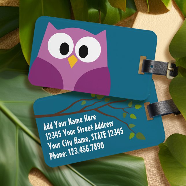 Cute Tecknad Uggla med Adress och Mobilt nummer Bagagebricka (Personalized luggage tag)