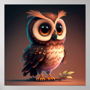 Cute tecknad uggla på mörkens bruna bakgrund. poster