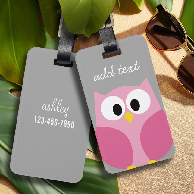 Cute Tecknad Uggla - Rosa och Grått eget namn Bagagebricka (Personalized Luggage Tag)