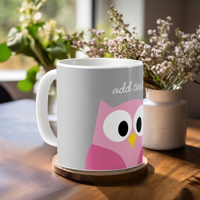 Cute Tecknad Uggla - Rosa och Grått eget namn Kaffemugg (Custom mug)