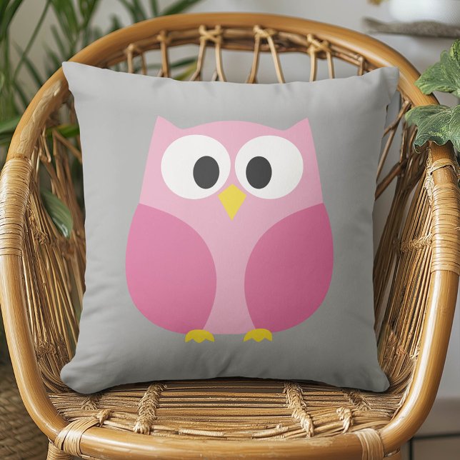 Cute Tecknad Uggla - Rosa och Grått eget namn Kudde (Cute Whimsical Owl Pillow)