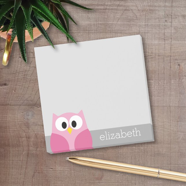 Cute Tecknad Uggla - Rosa och Grått eget namn Post-it Block (Personalized Post It Notepads)