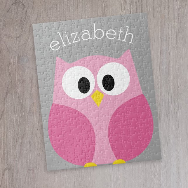 Cute Tecknad Uggla - Rosa och Grått eget namn Pussel (Cute whimsical owl personalized puzzle)