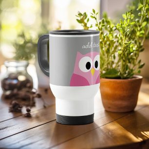 Cute Tecknad Uggla - Rosa och Grått eget namn Resemugg