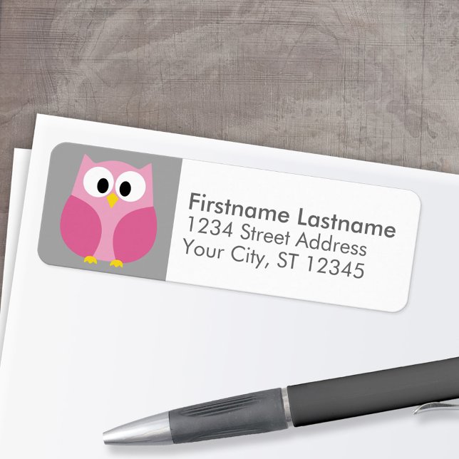 Cute Tecknad Uggla - Rosa och Grått eget namn Returadress Etikett (Custom Return Address Labels - Low Minimum)