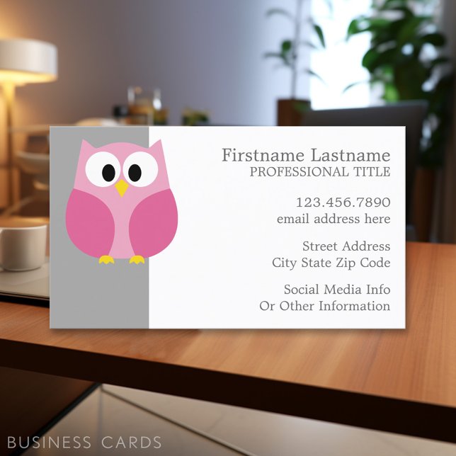 Cute Tecknad Uggla - Rosa och Grått eget namn Visitkort (Personalized Printed Business Cards)