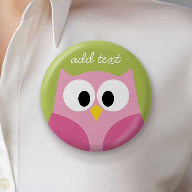 Cute Tecknad Uggla - Rosa och grönt kalk Knapp (Custom Button)