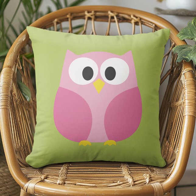 Cute Tecknad Uggla - Rosa och grönt kalk Kudde (Cute Whimsical Owl Pillow)