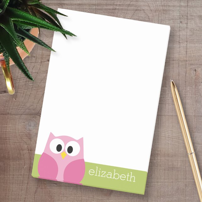 Cute Tecknad Uggla - Rosa och grönt kalk Post-it Block (Custom Post-it Note Pads - Add your name and other text)
