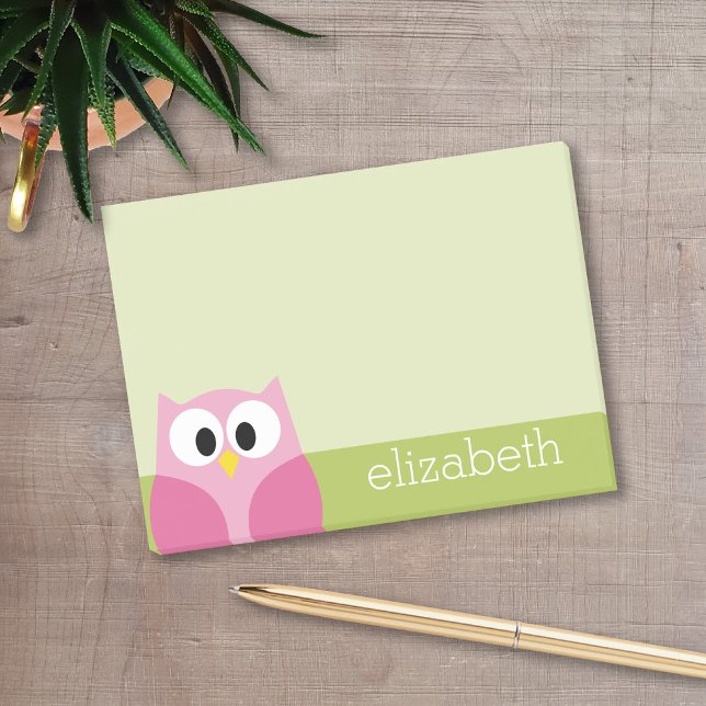 Cute Tecknad Uggla - Rosa och grönt kalk Post-it Block (A cute owl cartoon with a place to add your name.)