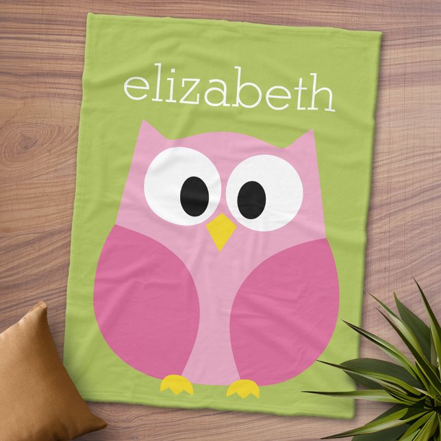 Cute Tecknad Uggla - Rosa och Lime Green Namn Fleecefilt (Personalized Fleece Blanket - Add Photos and Text or Customize completely in advanced design area)