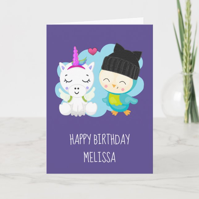 Cute Tecknad Unicorn & Bird Birthday Kort (Framsida)