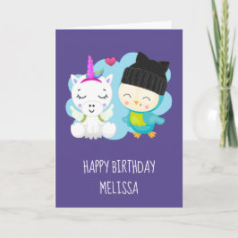 Cute Tecknad Unicorn & Bird Birthday Kort