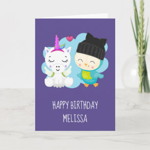 Cute Tecknad Unicorn & Bird Birthday Kort