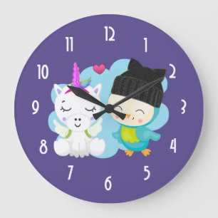 Cute Tecknad Unicorn & Bird Pals Stor Klocka