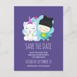 Cute Tecknad Unicorn & Bird Save Date Vykort