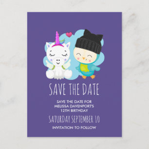 Cute Tecknad Unicorn & Bird Save Date Vykort