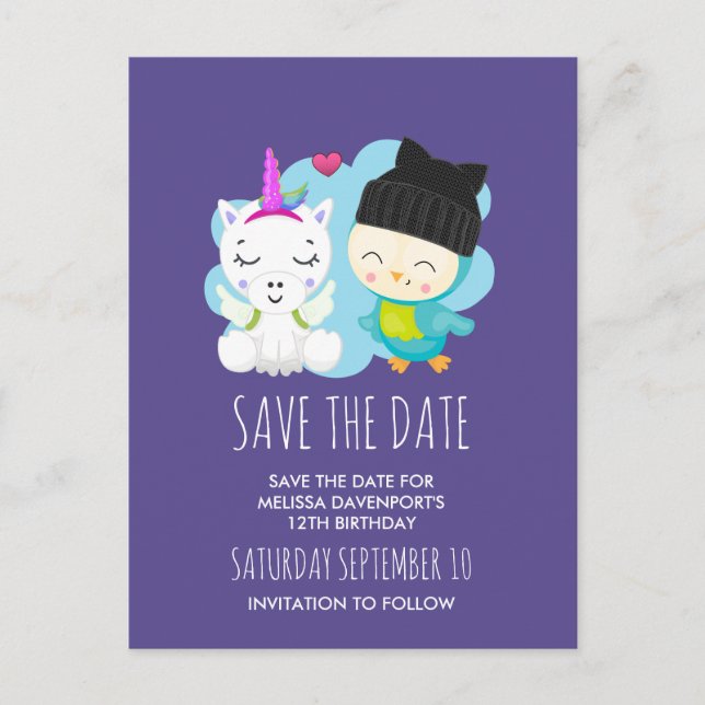 Cute Tecknad Unicorn & Bird Save Date Vykort (Framsida)
