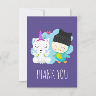 Cute Tecknad Unicorn & Bird Tack Kort
