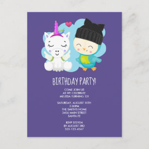 Cute Tecknad Unicorn & Birdie Birthday Vykort