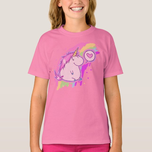 Cute Tecknad Unicorn Kärlek Tee Shirt (Framsida)
