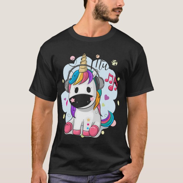 Cute Tecknad Unicorn med hörlurar T Shirt (Framsida)