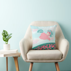 Cute Tecknad Unicorn Rosa and Mint Kudde