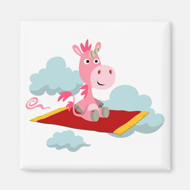 Cute Tecknad Unicorn's Magic Carpet Ride Magnet (Framsidan)