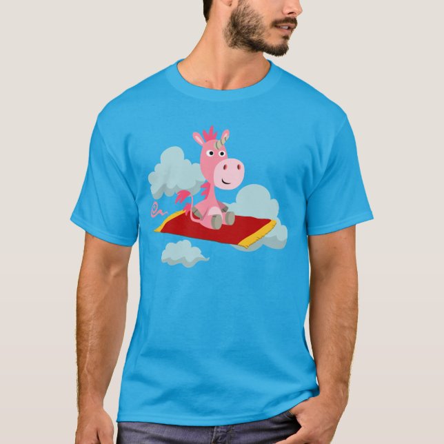 Cute Tecknad Unicorn's Magic Carpet Ride T-Shirt (Framsida)