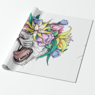 Cute tecknad vild katt huvud i en blommigt andedr presentpapper