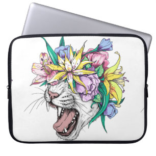 Cute tecknad vild katt huvud i en blommigt andedrä laptop fodral