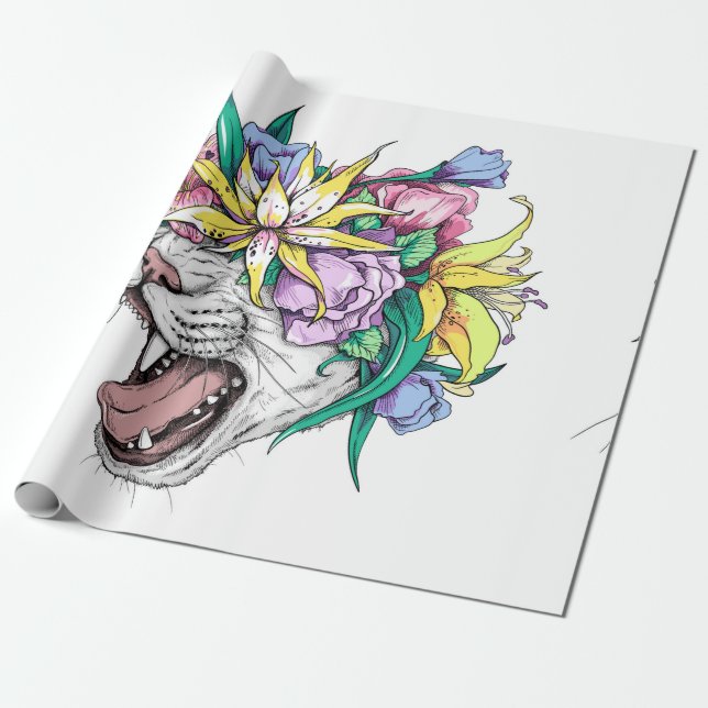 Cute tecknad vild katt huvud i en blommigt andedrä presentpapper (Utrullad)