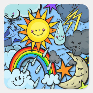 Cute Tecknad Weather Forecast Meterology Backdrop Fyrkantigt Klistermärke