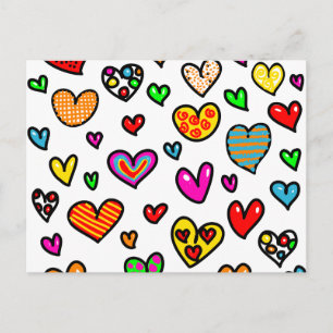 Cute Tecknad Whimsique Multi Kärlek Heart Mönster Vykort