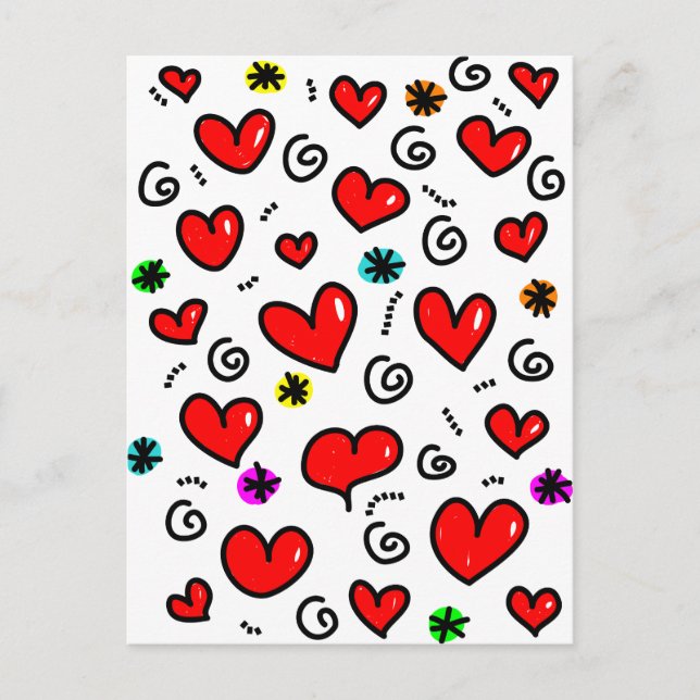 Cute Tecknad Whimsique Red Kärlek Heart Mönster Vykort (Framsida)