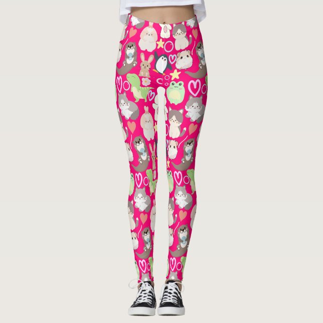 Cute Tecknade figurer mönster B Rosa BG Leggings (Framsida)