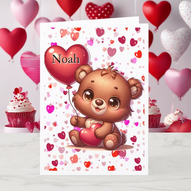 Cute Teddy Bäste Namn på Heart Balloon Valentine Helgkort (Skapare uppladdad)