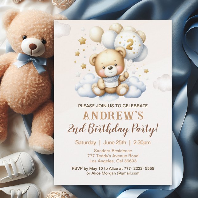 Cute Teddy Bear 2nd Birthday for Boy Inbjudningar (Skapare uppladdad)