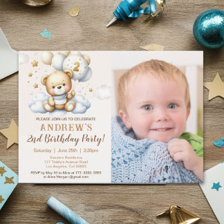 Cute Teddy Bear 2nd Birthday for Boy with photo Inbjudningar