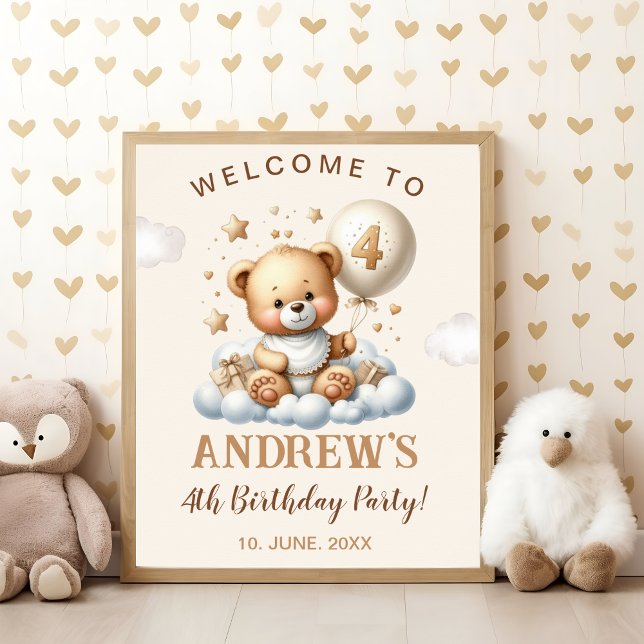 Cute Teddy Bear 4th Birthday Wall Decoration Poster (Skapare uppladdad)