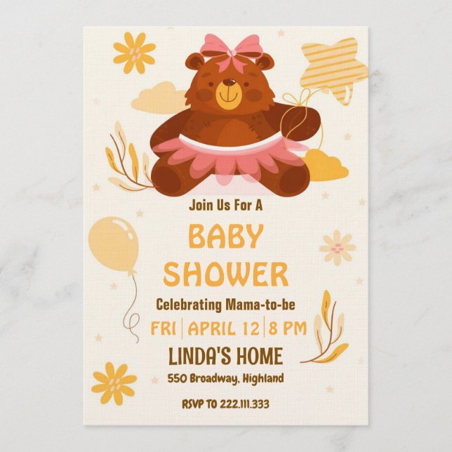 Cute Teddy Bear Baby Shower Invitation for Girl Inbjudningar (Framsida)