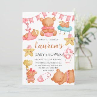 Cute Teddy Bear Baby Shower Pink Girl  Inbjudningar