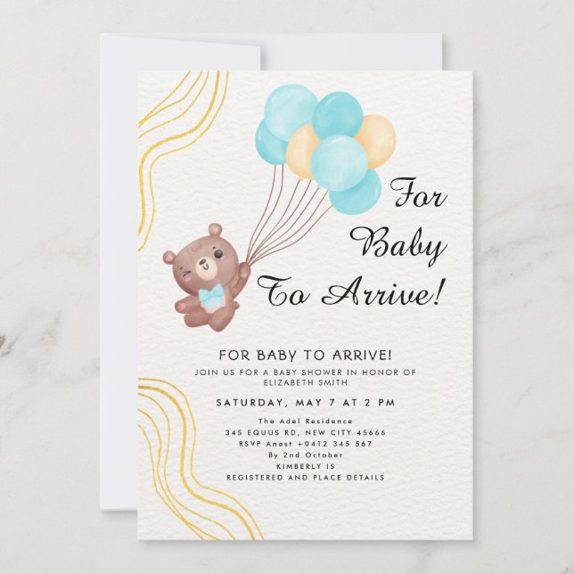 Cute Teddy Bear Balloon Theme Inbjudningar (Framsida)