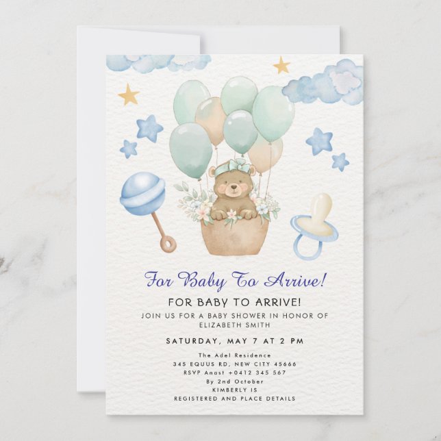 Cute Teddy Bear Balloon Theme Inbjudningar (Framsida)